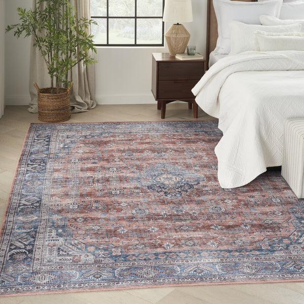 Homeroots 9' X 12' Blue And Red Oriental Power Loom Distressed Washable Non Skid Area Rug  Polyester 533339
