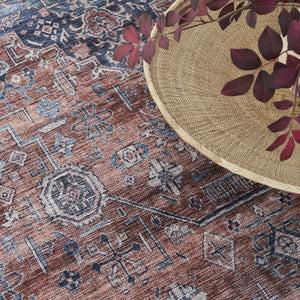 Homeroots 9' X 12' Blue And Red Oriental Power Loom Distressed Washable Non Skid Area Rug  Polyester 533339