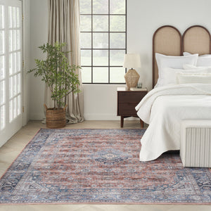 Homeroots 9' X 12' Blue And Red Oriental Power Loom Distressed Washable Non Skid Area Rug  Polyester 533339