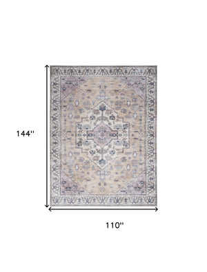 Homeroots 9' X 12' Beige And Gray Oriental Power Loom Distressed Washable Non Skid Area Rug  Polyester 533340