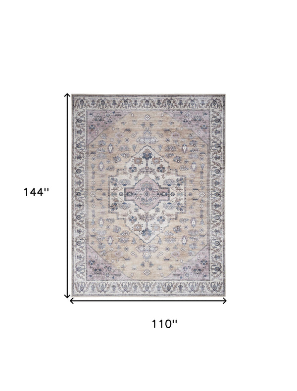 Homeroots 9' X 12' Beige And Gray Oriental Power Loom Distressed Washable Non Skid Area Rug  Polyester 533340