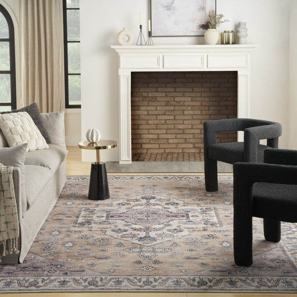 Homeroots 9' X 12' Beige And Gray Oriental Power Loom Distressed Washable Non Skid Area Rug  Polyester 533340