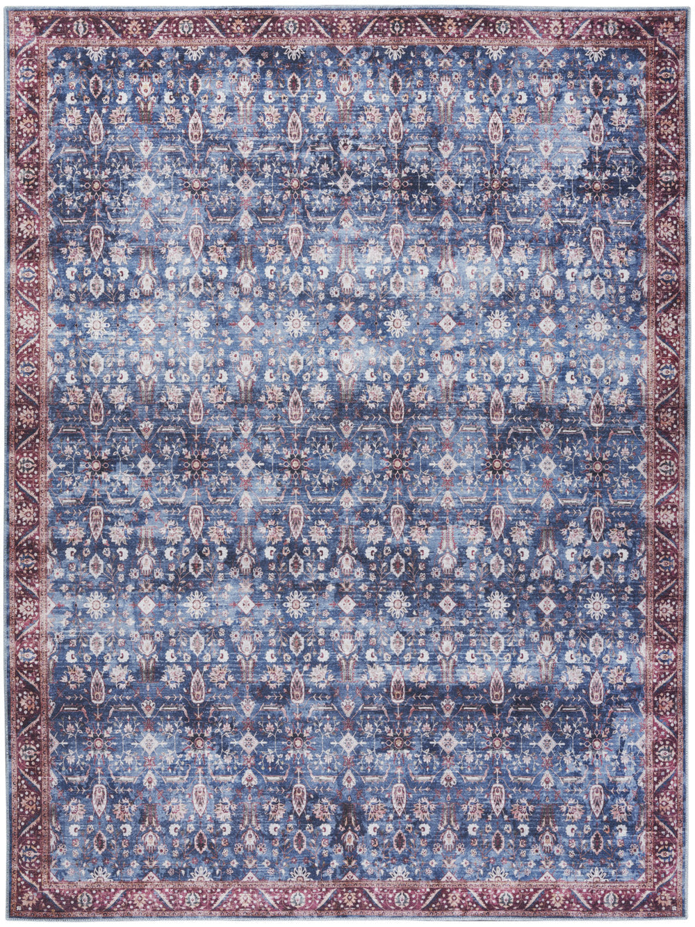 Homeroots 9' X 12' Blue And Red Oriental Power Loom Distressed Washable Non Skid Area Rug  Polyester 533341
