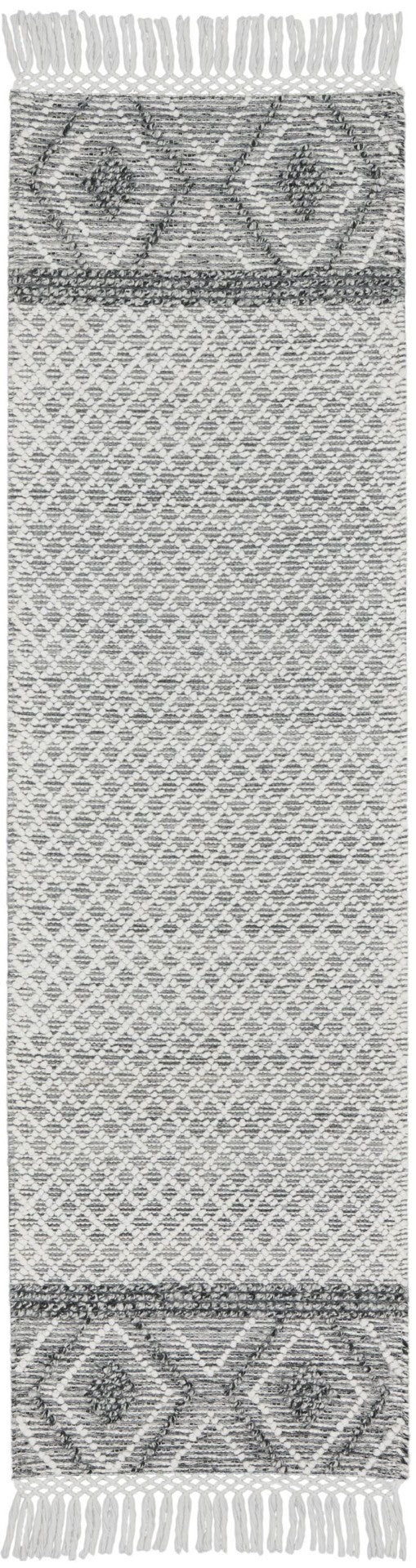 HomeRoots 8' Gray and Ivory Geometric Runner Rug - Hand-Woven Artisanal Design with Fringe for Modern Spaces 533376