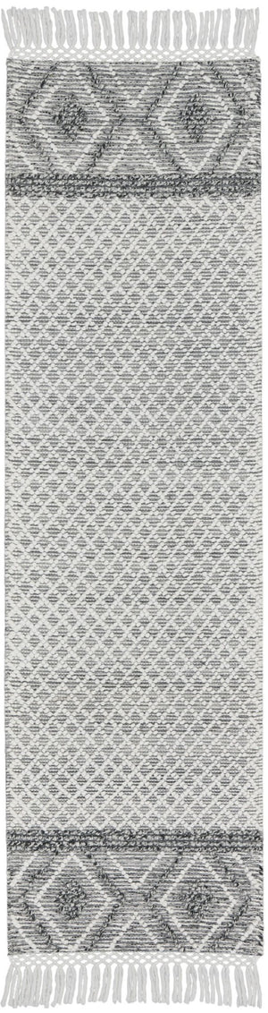 HomeRoots 8' Gray and Ivory Geometric Runner Rug - Hand-Woven Artisanal Design with Fringe for Modern Spaces 533376