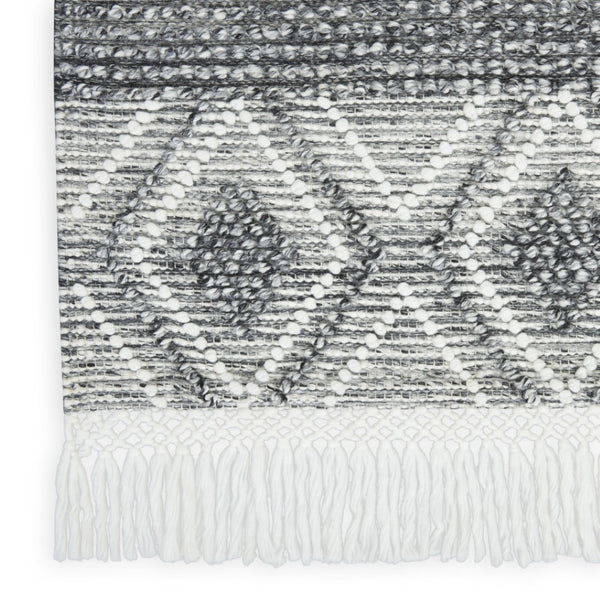 HomeRoots 8' Gray and Ivory Geometric Runner Rug - Hand-Woven Artisanal Design with Fringe for Modern Spaces 533376
