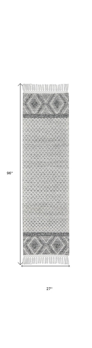HomeRoots 8' Gray and Ivory Geometric Runner Rug - Hand-Woven Artisanal Design with Fringe for Modern Spaces 533376