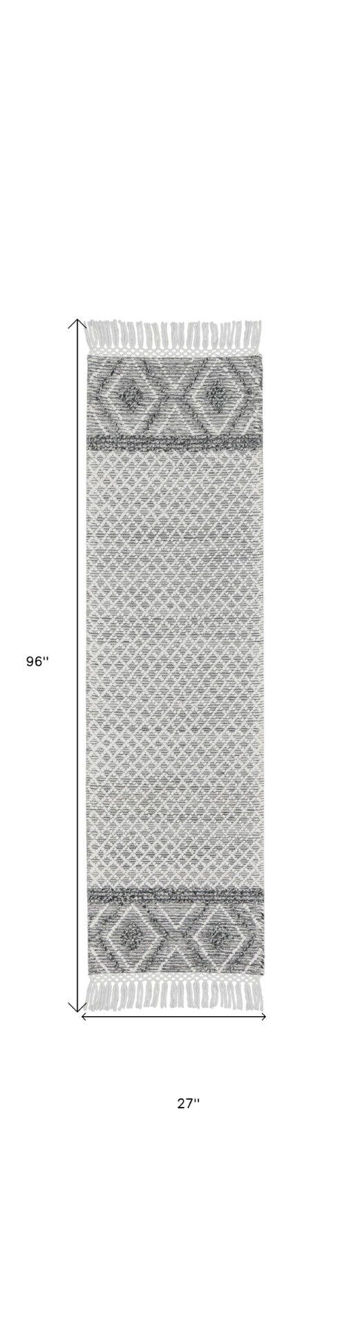 HomeRoots 8' Gray and Ivory Geometric Runner Rug - Hand-Woven Artisanal Design with Fringe for Modern Spaces 533376