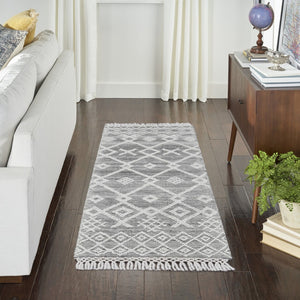 HomeRoots 8' Gray and Ivory Geometric Runner Rug - Hand Woven with Fringe, Perfect for Entryways & Hallways 533377
