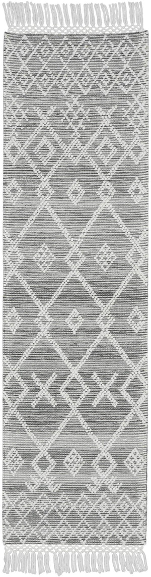 HomeRoots 8' Gray and Ivory Geometric Runner Rug - Hand Woven with Fringe, Perfect for Entryways & Hallways 533377