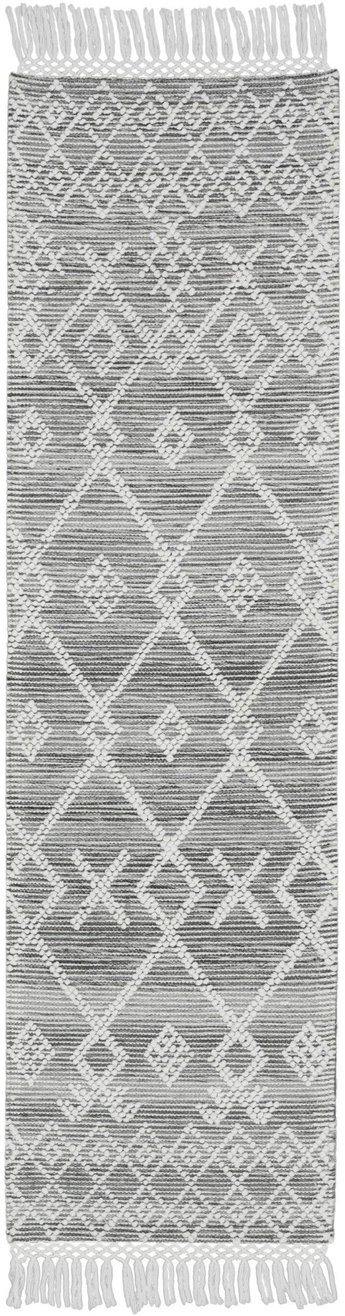 HomeRoots 8' Gray and Ivory Geometric Runner Rug - Hand Woven with Fringe, Perfect for Entryways & Hallways 533377