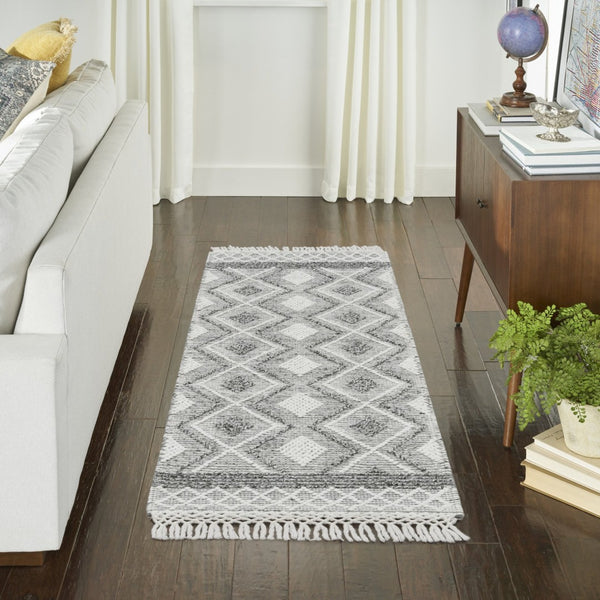 HomeRoots 8' Gray and Ivory Geometric Runner Rug - Hand-Woven with Fringe for Stylish Hallways & Entryways 533378