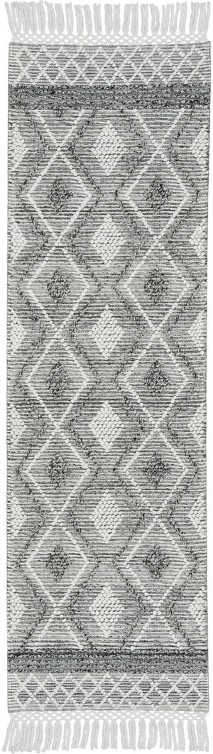 HomeRoots 8' Gray and Ivory Geometric Runner Rug - Hand-Woven with Fringe for Stylish Hallways & Entryways 533378