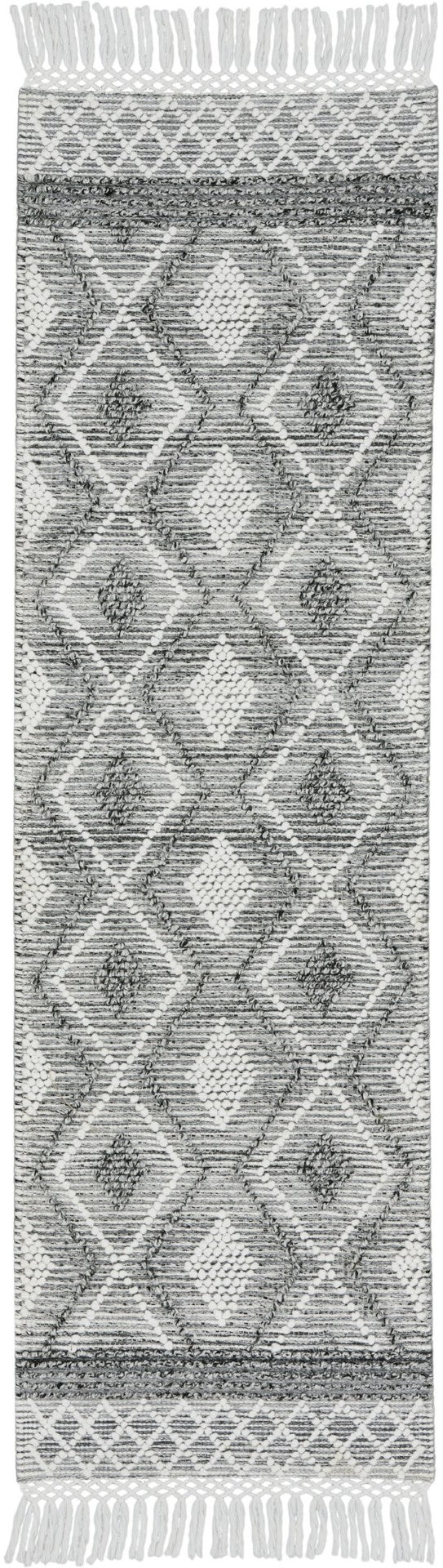 HomeRoots 8' Gray and Ivory Geometric Runner Rug - Hand-Woven with Fringe for Stylish Hallways & Entryways 533378