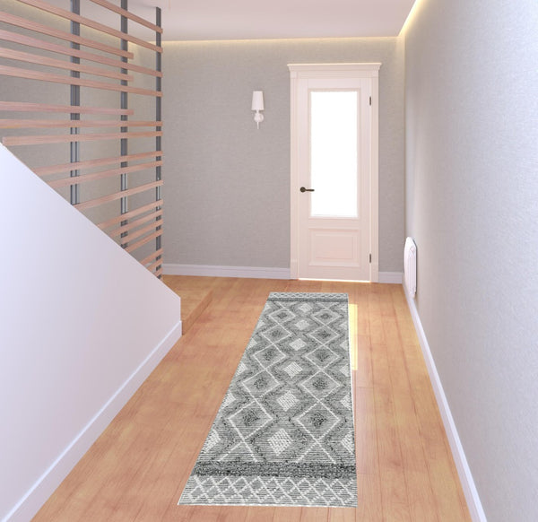 HomeRoots 8' Gray and Ivory Geometric Runner Rug - Hand-Woven with Fringe for Stylish Hallways & Entryways 533378