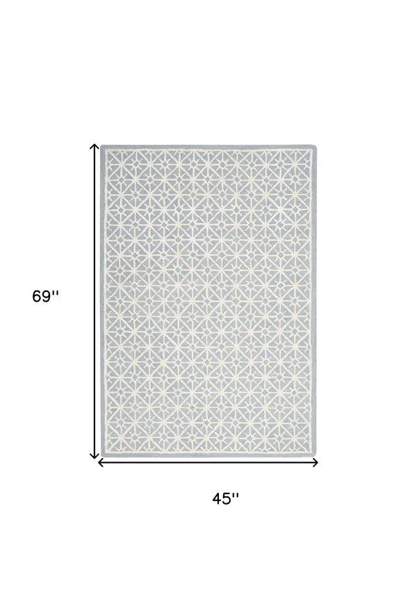 Homeroots 4' X 6' Light Blue And White Geometric Hand Tufted Area Rug  Wool Blend 533380