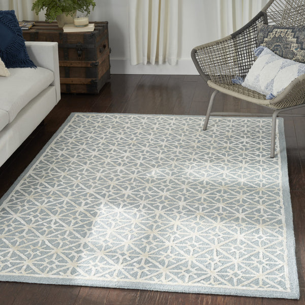 Homeroots 4' X 6' Light Blue And White Geometric Hand Tufted Area Rug  Wool Blend 533380