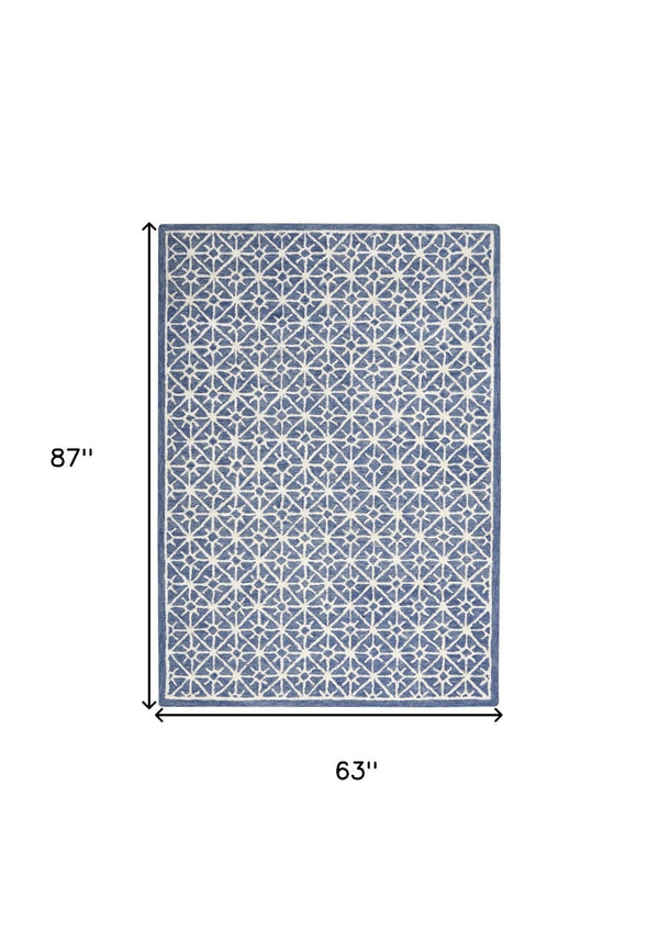 Homeroots 5' X 7' Blue And Off White Geometric Hand-tufted Area Rug – Stylish, Cozy, Perfect For Any Room Decor!  Wool Blend 533386