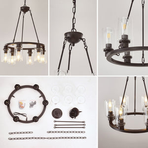 English Elm 23.62'' Farmhouse Wagon Wheel Chandelier Six Seeded Glass Shades Brown Metal Finish W5008P468517