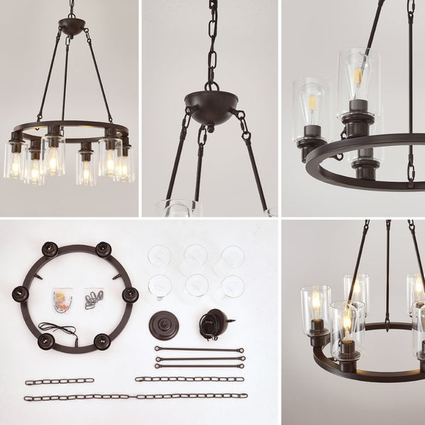 English Elm 23.62'' Farmhouse Wagon Wheel Chandelier Six Seeded Glass Shades Brown Metal Finish W5008P468517