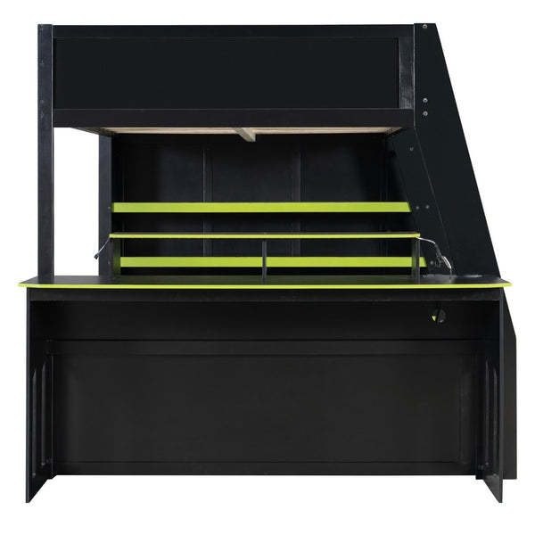 English Elm Full Size Wood Loft Bed with Rgb Lighting Desk and Multi-tier Shelves for Gaming Green LT000374AAG