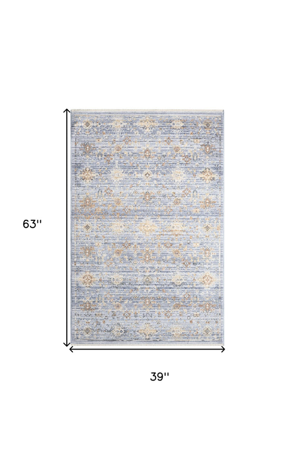 Homeroots 3' X 5' Blue And Ivory Oriental Power Loom Distressed Area Rug With Fringe  Polyester 533428
