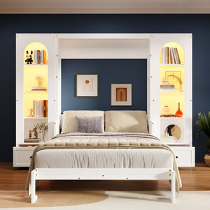 English Elm Queen Murphy Bed with Led Lighting Side Cabinets Shelving and Fold Down Desk Panel White N7090002226K-1
