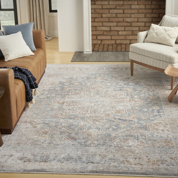 HomeRoots 8' X 10' Elegant Ivory and Blue Oriental Area Rug - Power Loomed, Distressed with Fringe Design 533436