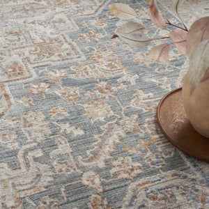 HomeRoots 8' X 10' Elegant Ivory and Blue Oriental Area Rug - Power Loomed, Distressed with Fringe Design 533436