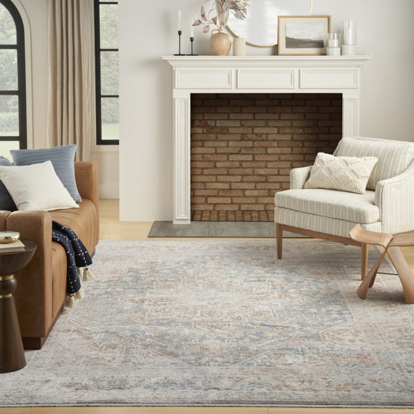 HomeRoots 8' X 10' Elegant Ivory and Blue Oriental Area Rug - Power Loomed, Distressed with Fringe Design 533436
