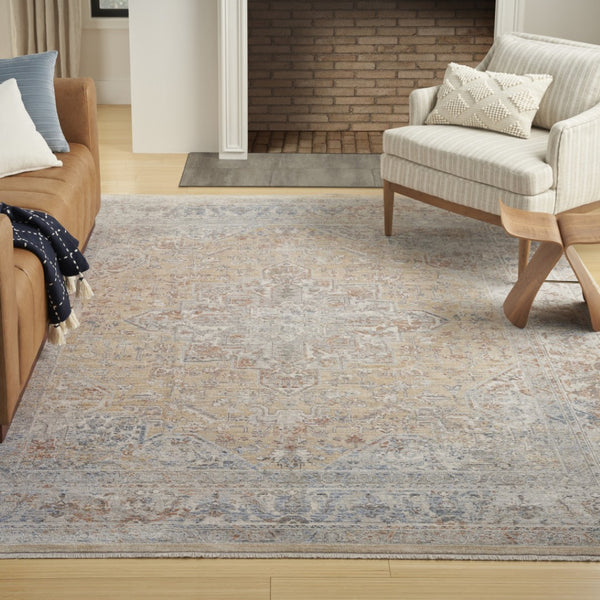 HomeRoots 8' Elegant Gray and Gold Oriental Power Loom Distressed Area Rug with Classic Fringe Detail 8' X 10' 533437