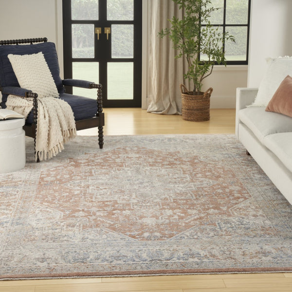 HomeRoots 8' Distressed Brown and Blue Oriental Area Rug with Fringed Edges for Timeless Elegance and Comfort 8' X 10' 533440