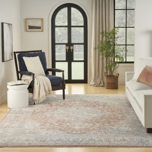 HomeRoots 8' Distressed Brown and Blue Oriental Area Rug with Fringed Edges for Timeless Elegance and Comfort 8' X 10' 533440