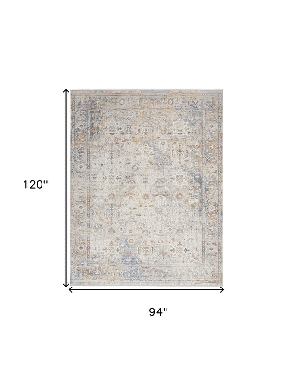 Homeroots 8' X 10' Ivory Blue And Orange Oriental Power Loom Distressed Area Rug With Fringe  Polyester 533441