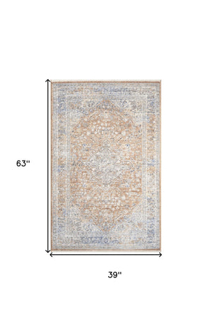 Homeroots 3' X 5' Brown And Blue Oriental Power Loom Distressed Area Rug  Polyester 533453