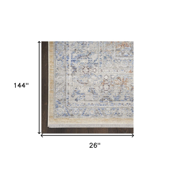 Homeroots 12' Gray And Gold Oriental Power Loom Distressed Runner Rug  Polyester 533454