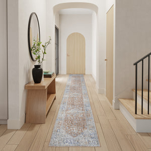 Homeroots 12' Brown And Blue Oriental Power Loom Distressed Runner Rug  Polyester 533457