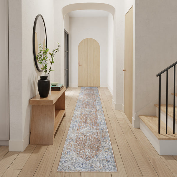 Homeroots 12' Brown And Blue Oriental Power Loom Distressed Runner Rug  Polyester 533457