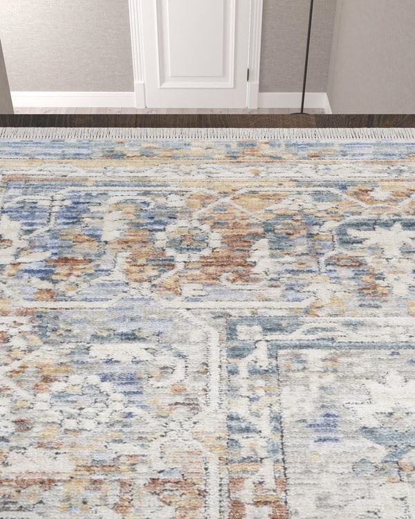 Homeroots 12' Ivory Blue And Orange Oriental Power Loom Distressed Runner Rug  Polyester 533458