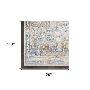 Homeroots 12' Ivory Blue And Orange Oriental Power Loom Distressed Runner Rug  Polyester 533458