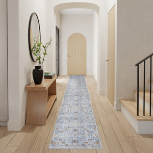 Homeroots 12' Blue And Ivory Oriental Power Loom Distressed Runner Rug  Polyester 533459