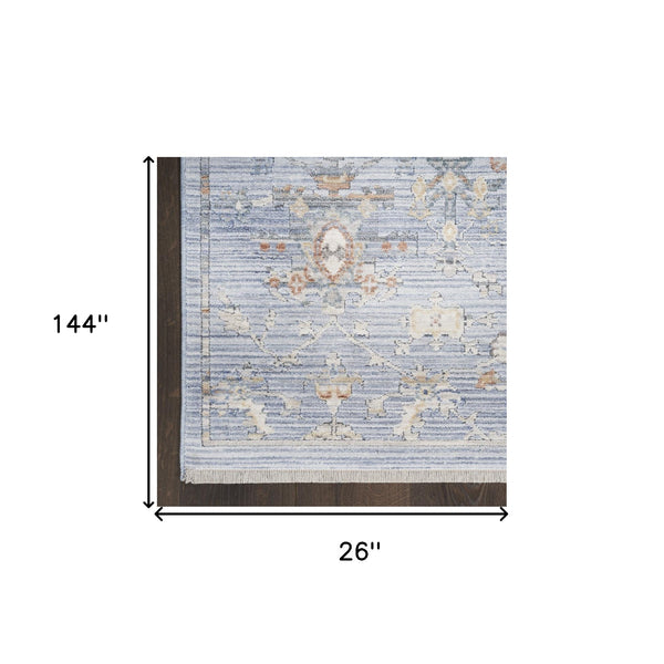 Homeroots 12' Blue And Ivory Oriental Power Loom Distressed Runner Rug  Polyester 533459