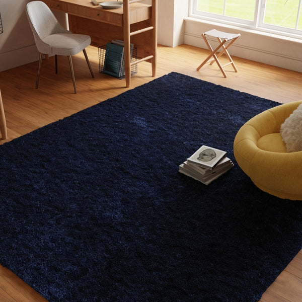HomeRoots 5' Plush Navy Blue Shag Area Rug - Retro-Modern Style for Cozy Living Spaces, Soft Underfoot Comfort 8' X 10' 533577