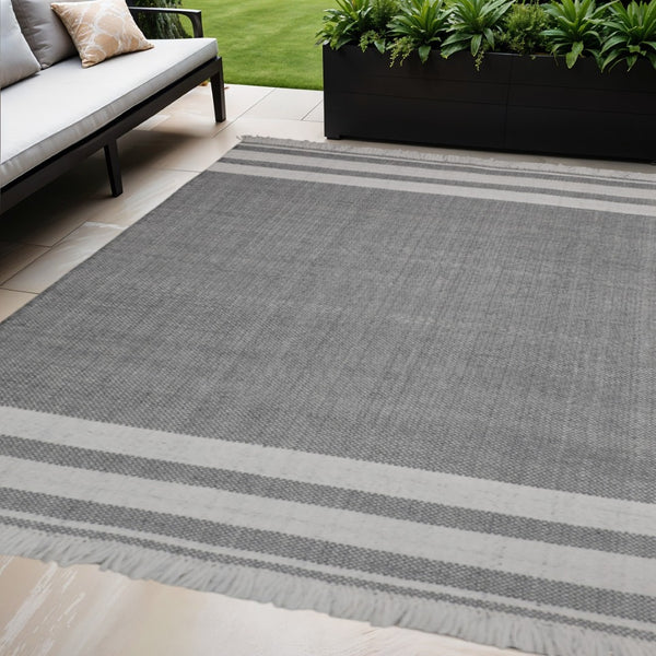 HomeRoots 5' Handmade Striped Area Rug - Durable, Water-Resistant, Stylish for Indoor & Outdoor Spaces 5' x 7' Dark Gray 533578