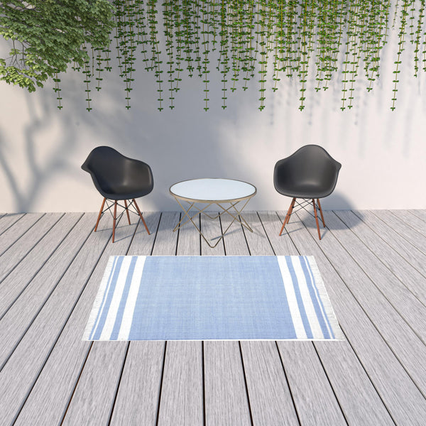 Homeroots 5' X 7' Blue Striped Handmade Stain Resistant Non Skid Indoor Outdoor Area Rug Blue 100% Pet 533584