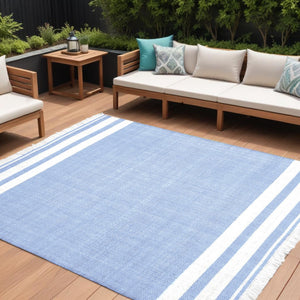 HomeRoots 5' Handmade Striped Area Rug - Durable, Water-Resistant, Stylish for Indoor & Outdoor Spaces 9' x 12' Blue 533586