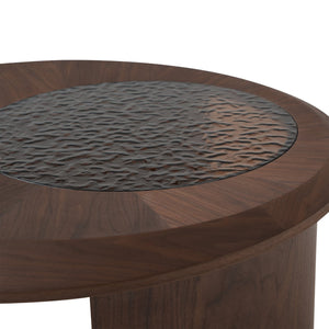 English Elm Tavola Modern Round Coffee Table Set with Walnut Veneer & Ripple Glass—Sturdy Two-Piece, Scratch-Resistant B341P321122