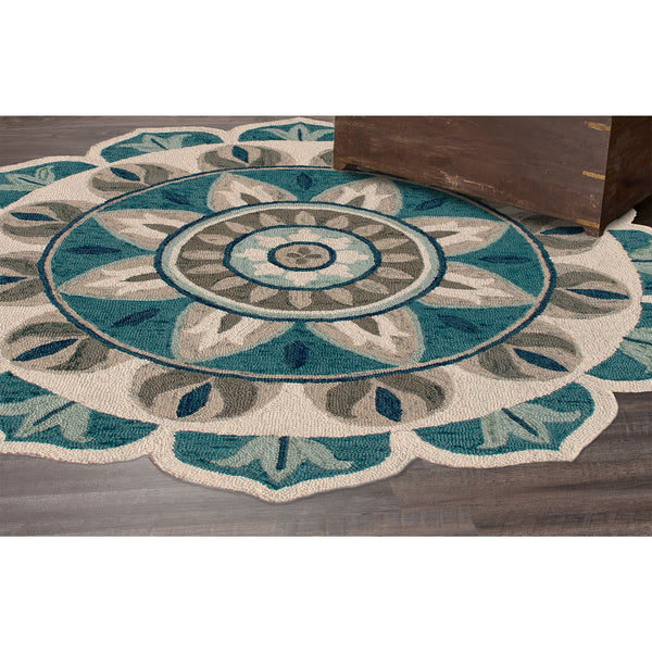 Homeroots 4' Blue Round Wool Floral Hand Tufted Area Rug Ivory Wool 533605