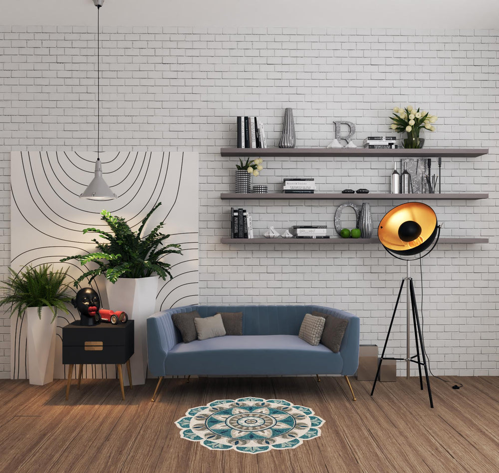 Homeroots 4' Blue Round Wool Floral Hand Tufted Area Rug Ivory Wool 533605