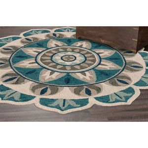Homeroots 6' X 6' Blue Round Wool Floral Hand Tufted Area Rug Ivory Wool 533606